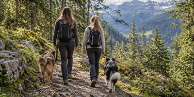 Zwei Mädchen mit Hunden in den Alpen