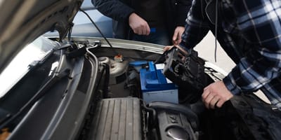 Zwei Männer schauen in einen Auto-Motorraum