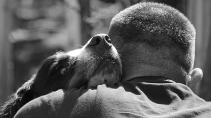 uomo di spalle abbraccia cane