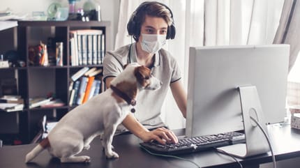 Mann im Homeoffice mit Hund