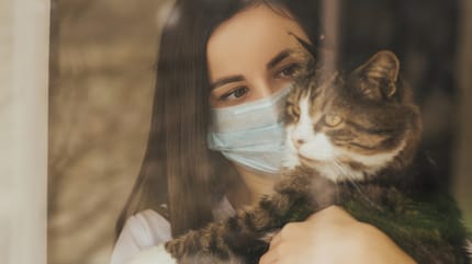 Frau mit Mundschutz und Katze