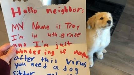 golden retriever puppy sitting behind hand written letter