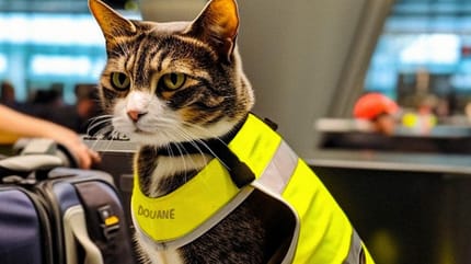 Katze am Flughafen mit Warnweste
