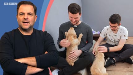 Martin Rütter kommentiert Szene mit zwei Männern und Welpen