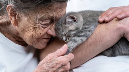 Alte Frau kuschelt mit Katze