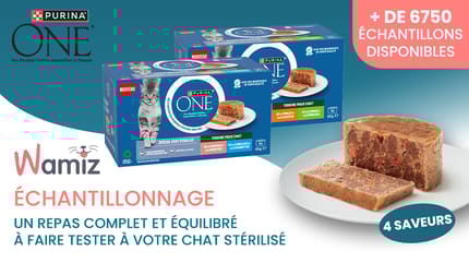 Bannière de la campagne de test produit Wamiz pour les terrines Purina ONE Spécial Chat Stérilisé.