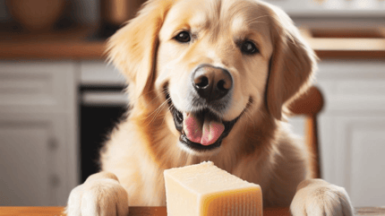 Can dogs eat parmesan cheese: golden retriever looking at block of parmesan cheese