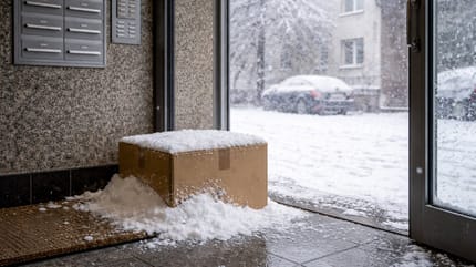 Eingeschneiter Karton im Hauseingang