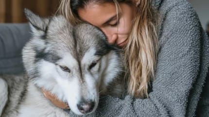 Frau küsst ihren Husky