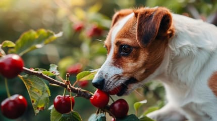 Hond bij een kersenboom