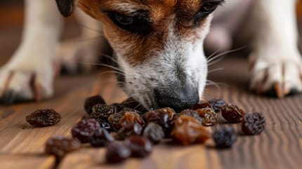 Hund schnuppert an Rosinen