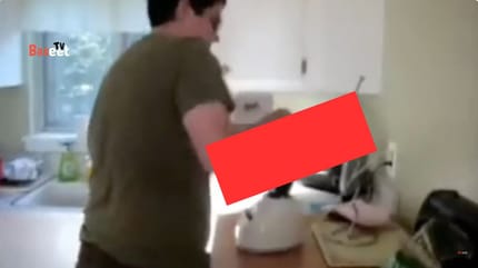 Mann steckt Katze in Mixer