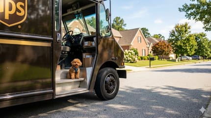 Un caniche dans un camion ups