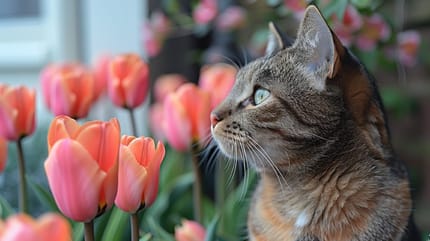 Un chat devant des tulipes