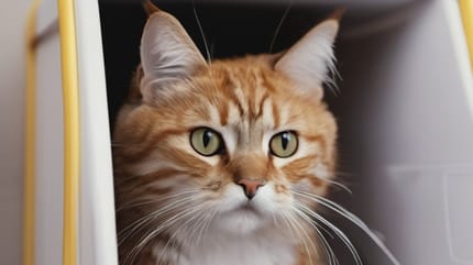 Un chat roux dans sa litière