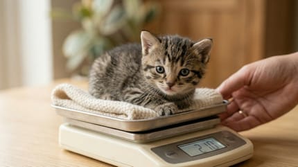 Un chaton sur une balance pour vérifier son poids