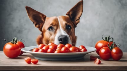 Un chien adulte devant une tomate bien rouge
