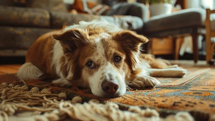 Un chien allongé sur un tapis