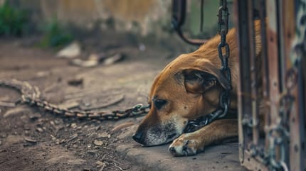 un chien attaché à une cloture
