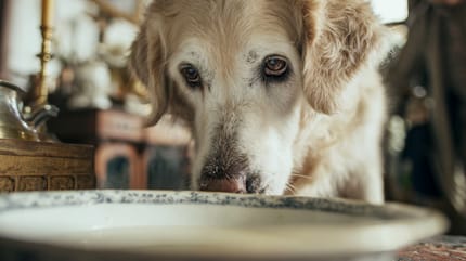 Un perro bebiendo de un cuenco de porcelana