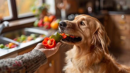 Un chien qui mange du poivron
