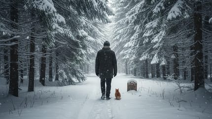 Un homme marche dans la forêt enneigée