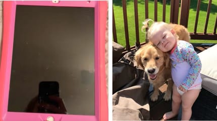 A child's iPad showing a photo with a dog