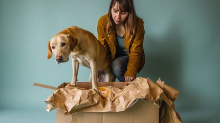 Une femme et son chien près d'un carton