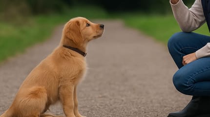 Femme dressant un chiot labrador