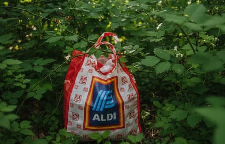 Una bolsa del ALDI cuelga entre los arbustos