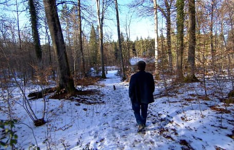 Mann geht durch den verschneiten Friedwald