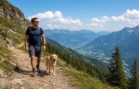 Mann mit Hund bei Bergwanderung