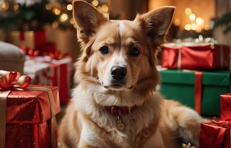 AI image of dog sitting by presents infront of Christmas tree