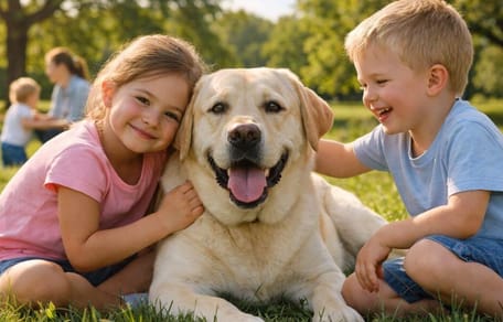 Are Labradors good with kids: Children sitting with labrador