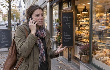 Aufgeregte Frau vor Bäckerei