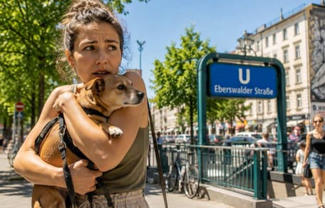 Besorgte Berlinerin mit Hund auf dem Arm