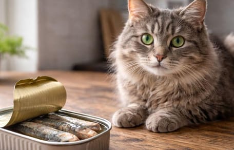 Can cats eat sardines: Cat sitting on table with sardine tin