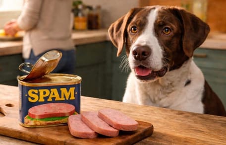 Can dogs eat spam? Dog sitting by opened can of Spam