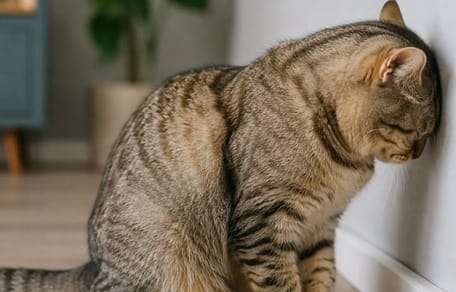 Cat head pressing: cat pressing head against wall