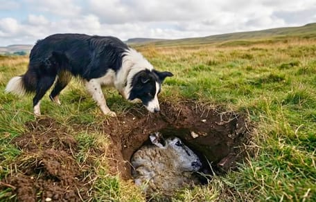 Chien de berger noir et blanc observant une brebis coincée au fond d’un trou dans un champ