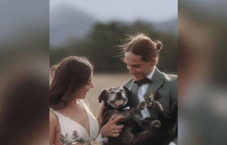 Couple holding black dog on their wedding day