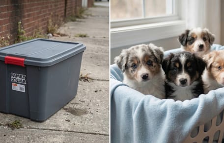 Cuccioli di Pastore Australiano abbandonati in un bidone