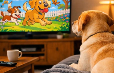 Do dogs watch TV: Labrador watching cartoon on TV
