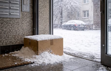 Eingeschneiter Karton im Hauseingang