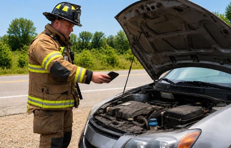 Feuerwehrmann mit Handy vor einem Auto