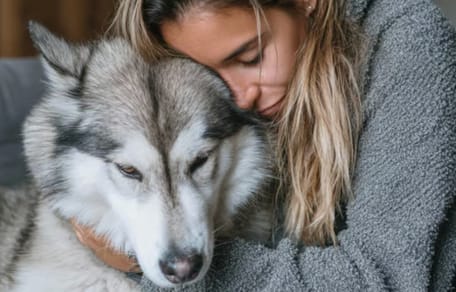 Frau küsst ihren Husky