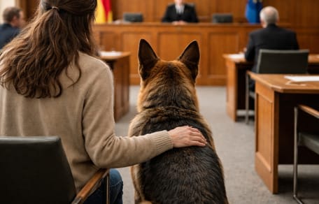 Frau mit Hund neben sich im Gerichtssaal