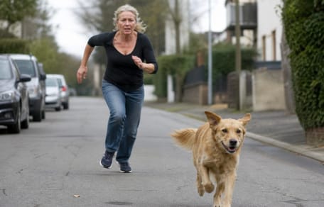 Frau rennt hinter Hund her