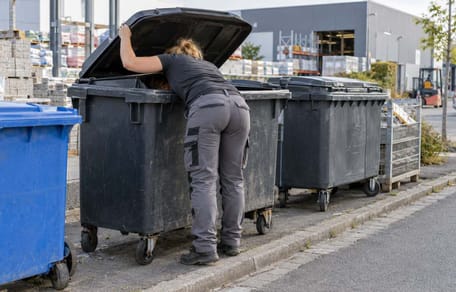 Frau schaut in Müllcontainer