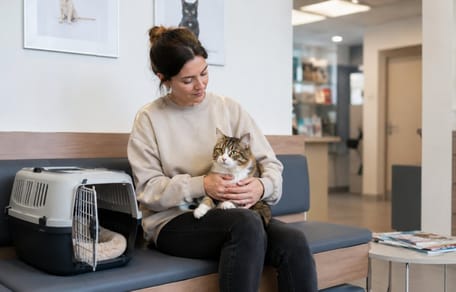 Frau sitzt mit ihrer Katze im Tierarzt-Wartezimmer